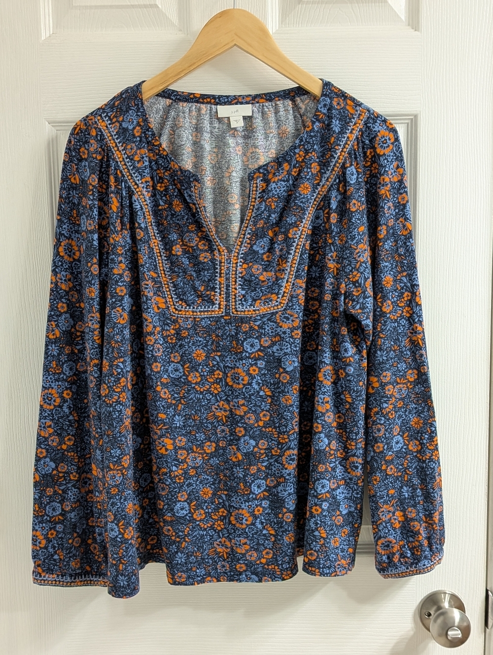 J Jill Blue Orange Floral Print Bohemian Peasant Top Medium Like New